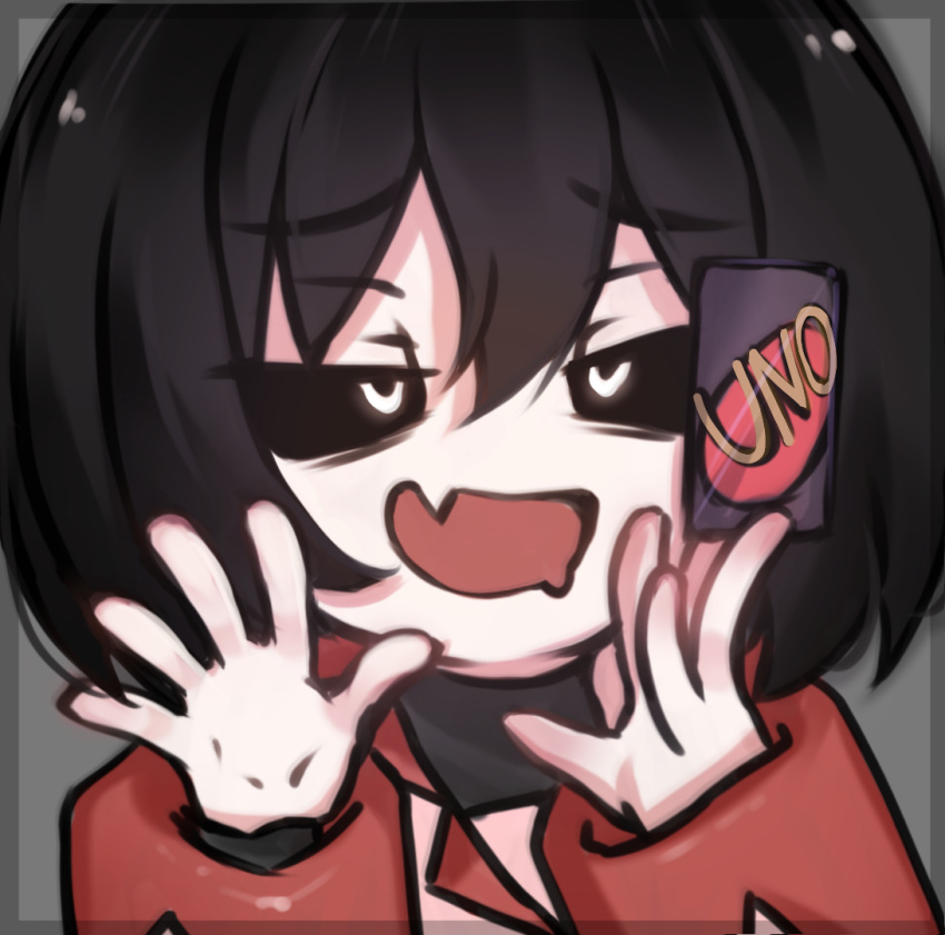 1girl, black_eyes, black_hair, bob_cut, fang, grey_background, long_sleeves, looking_at_viewer