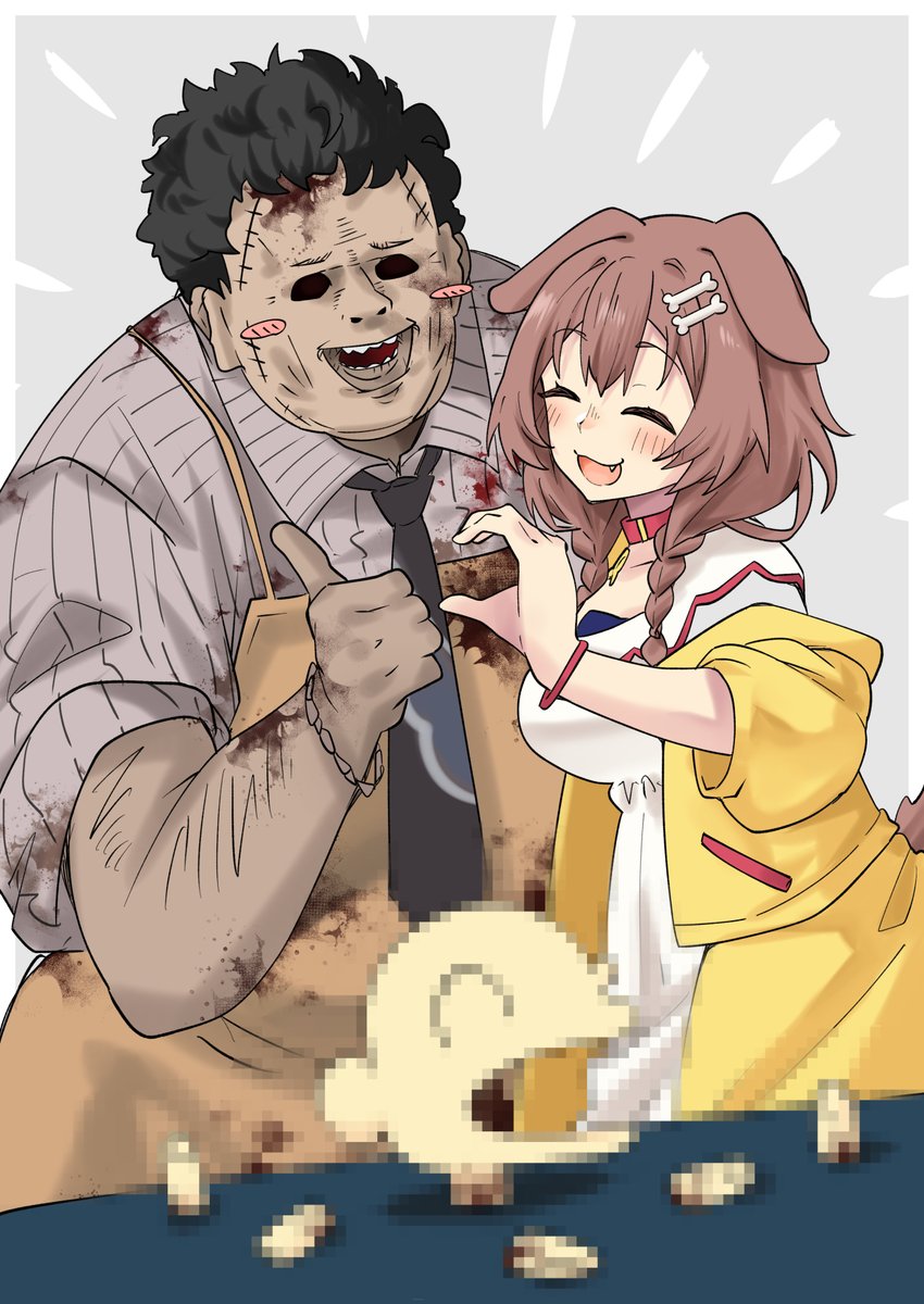 1boy, 1girl, animal_collar, apron, blood, blush, blush_stickers, coat