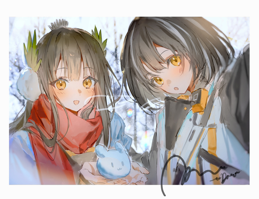 2girls, :d, :o, arknights, black_hair, border, breath, brown_hair