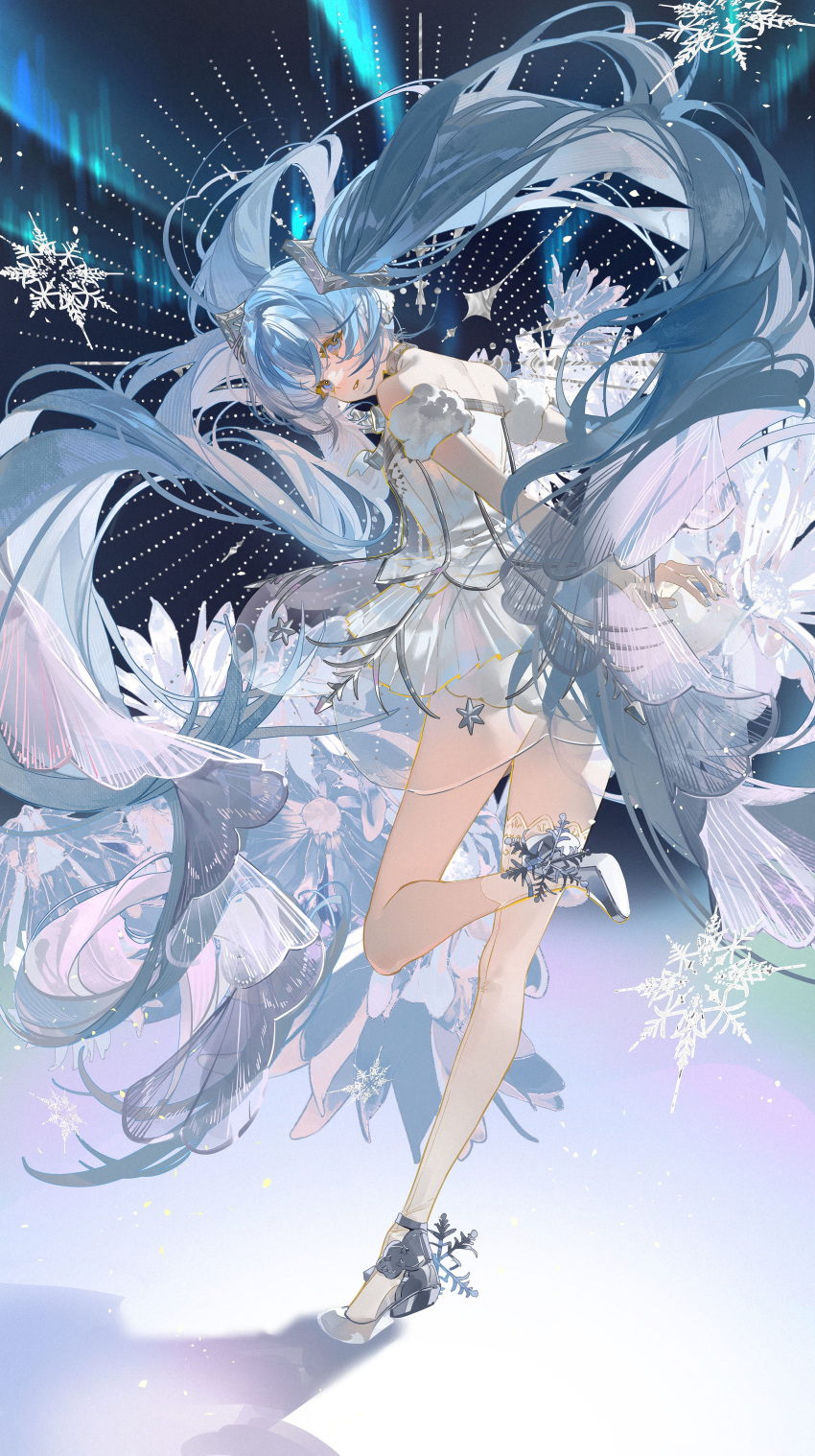 1girl, absurdly_long_hair, absurdres, aurora, bare_arms, bare_legs, bare_shoulders, black_footwear