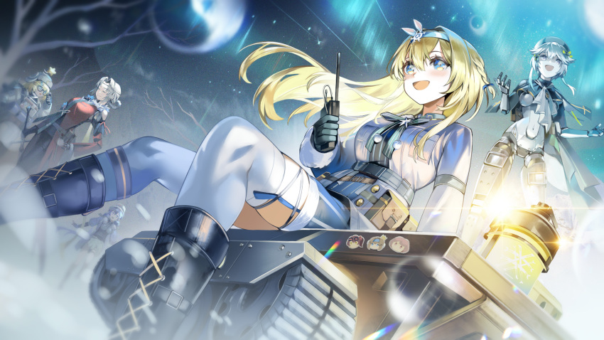 4girls, aqua_bow, aurora, belt, beret, black_footwear, blonde_hair, blue_dress