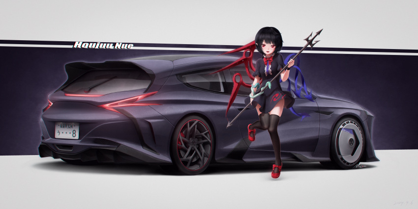 1girl, absurdres, asymmetrical_wings, black_dress, black_hair, black_thighhighs, blue_car, blue_wings