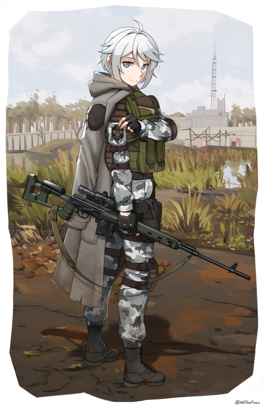 1girl, absurdres, black_footwear, black_gloves, blue_sky, boots, building, camouflage, camouflage_jacket, camouflage_pants, closed_mouth, clouds, commentary, cross-laced_footwear, day, dragunov_svd, fingerless_gloves, gloves, grey_eyes, grey_jacket, gun, highres, holding, holding_gun, holding_weapon, hood, hood_down, hooded_jacket, jacket, jacket_on_shoulders, lace-up_boots, ndtwofives, outdoors, pants, rifle, sky, smile, sniper_rifle, solo, stalker_(game), stalker_2:_heart_of_chornobyl, standing, tree, weapon, white_hair