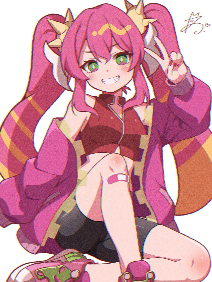1girl, bare_shoulders, black_shorts, duel_monster, full_body, green_eyes, highres, jacket