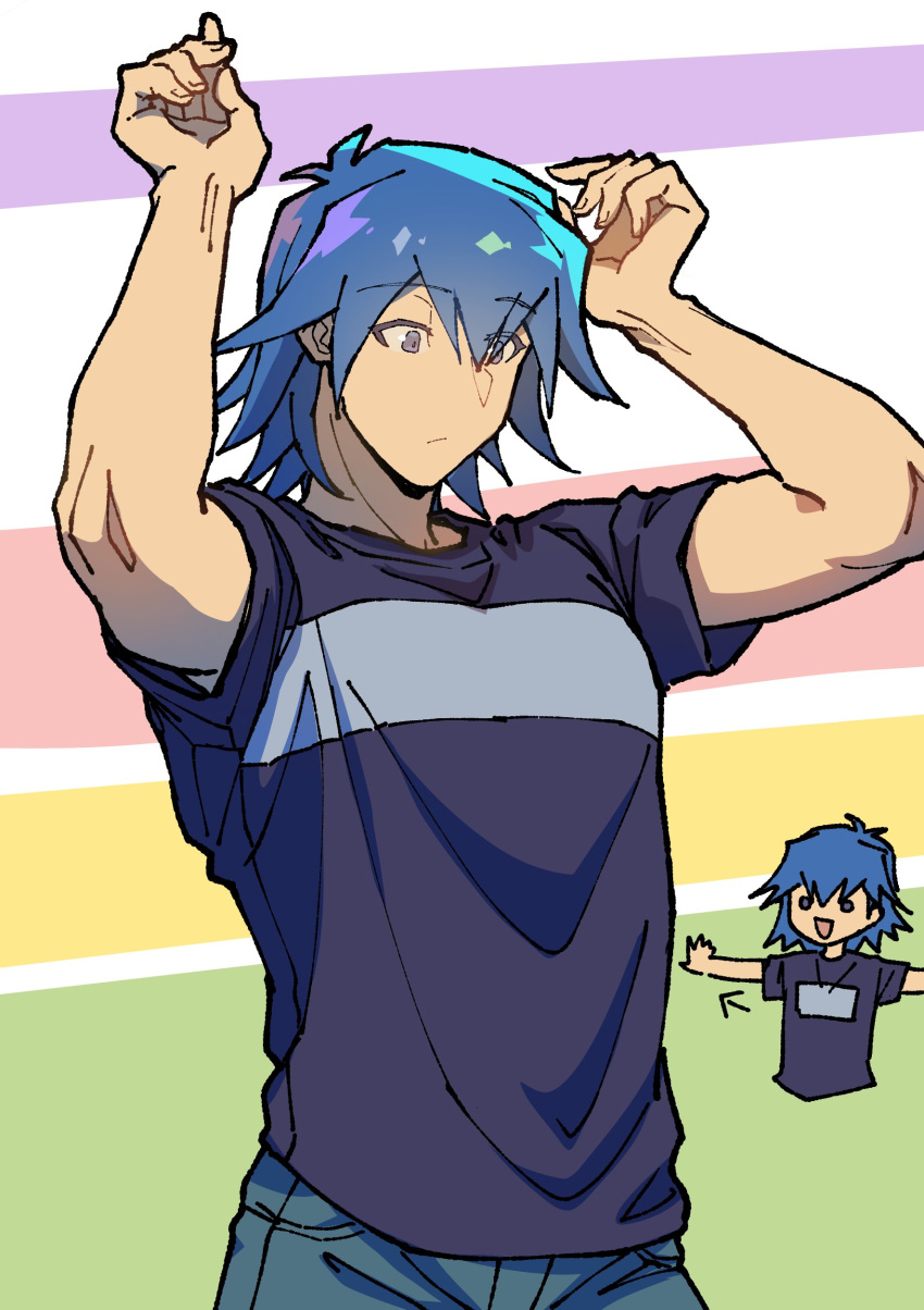 1boy, absurdres, arms_up, black_shirt, blue_hair, blue_pants, bruno_(yu-gi-oh!), chibi_ink_neko