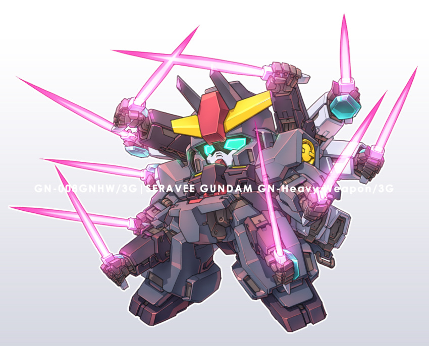 character_name, chibi, commentary_request, crossed_swords, energy_sword, extra_arms, full_body, glowing