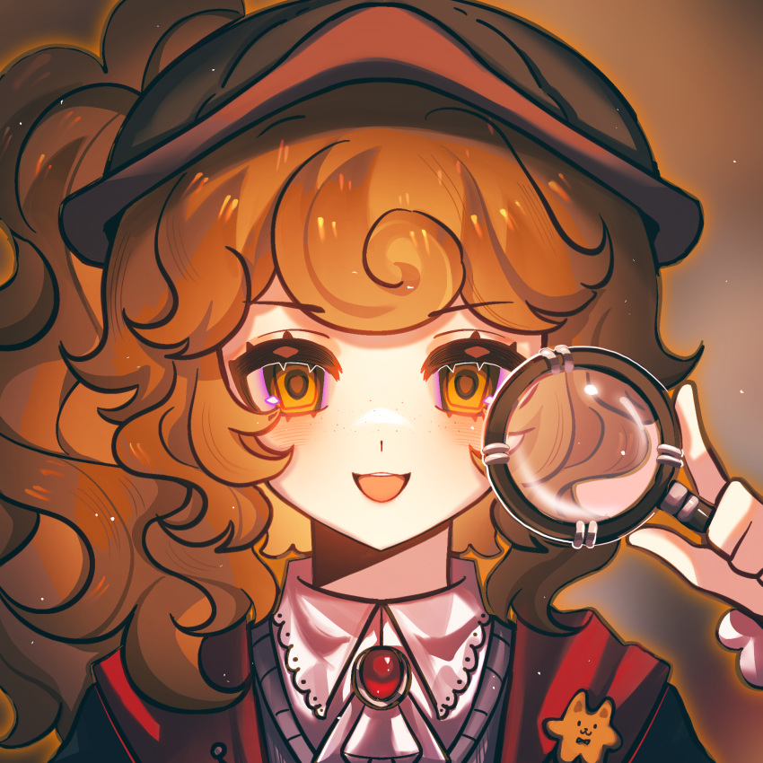 1girl, ascot, bear_pin, brown_eyes, brown_hair, brown_hat, brown_theme, cookie_run