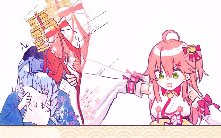 2girls, ^^^, ahoge, anger_vein, angry, bell, blue_hair, blue_kimono
