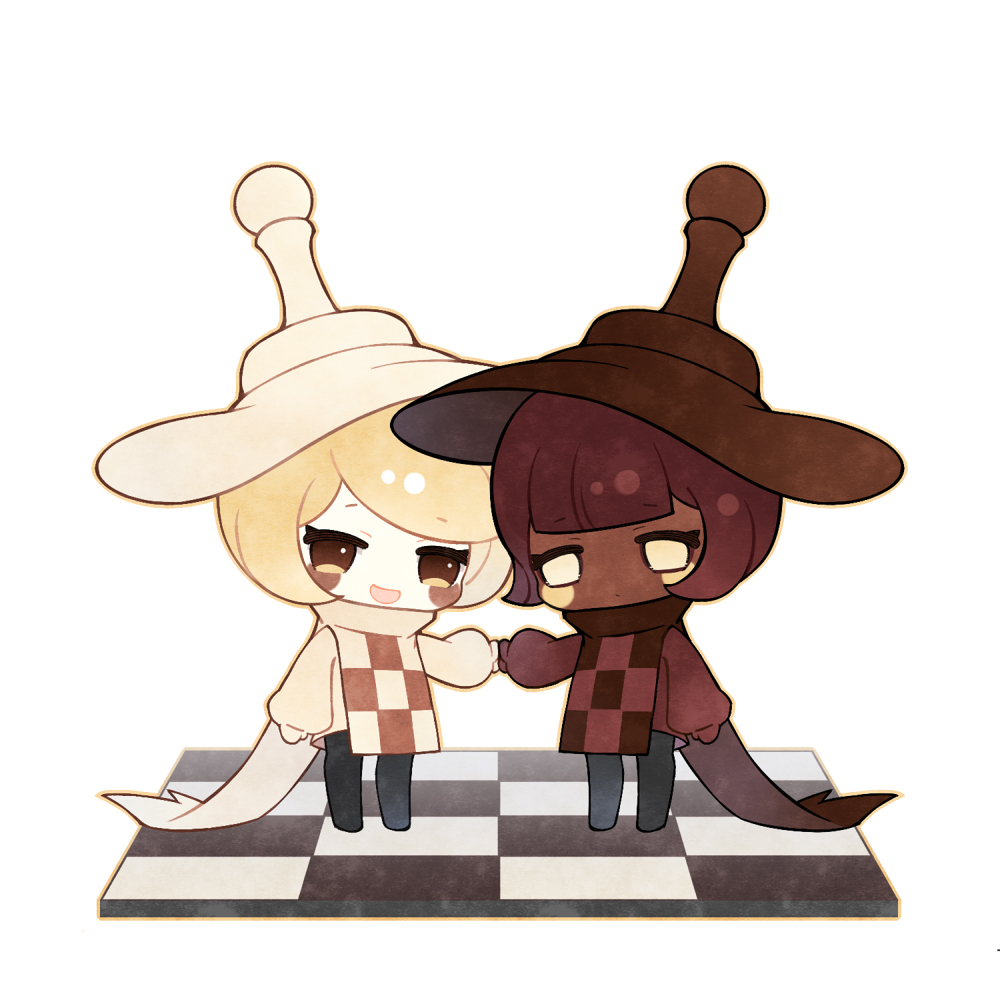 2girls, arm_at_side, black_hat, black_leggings, blonde_hair, blunt_bangs, bob_cut, brown_eyes
