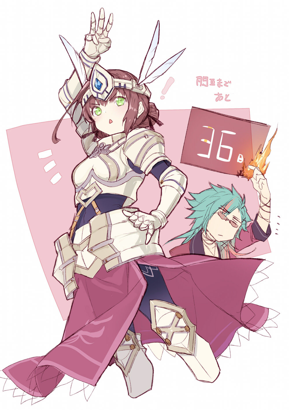 1boy, 1girl, achan_(blue_semi), arm_up, armor, armored_boots, armored_dress, boots, breastplate, brown_hair, chinese_commentary, commentary_request, countdown, duvalie, eiyuu_densetsu, fire, gauntlets, glasses, green_eyes, hair_bun, helmet, highres, holding, holding_sign, long_hair, mcburn, pauldrons, pyrokinesis, sen_no_kiseki_(series), sen_no_kiseki_iii, shoulder_armor, sign, single_hair_bun, winged_helmet