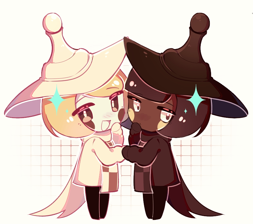 2girls, black_hat, black_leggings, blonde_hair, bob_cut, border, bright_pupils, brown_eyes