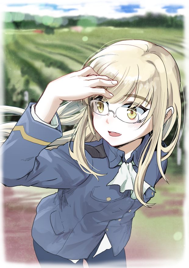 1girl, black_pantyhose, blonde_hair, blue_jacket, blue_sky, blurry, blurry_background, clouds