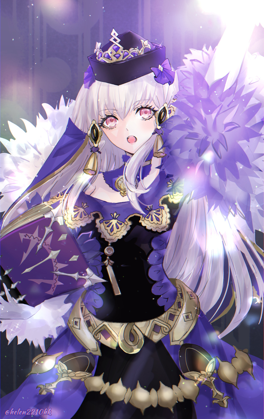 1girl, absurdres, arm_up, belt, black_dress, black_hat, book, commentary_request, detached_collar, dress, feather_boa, fire_emblem, fire_emblem:_three_houses, fire_emblem_heroes, gold_belt, hair_between_eyes, hair_ornament, hat, helen_(helen2210hk), highres, holding, holding_book, long_hair, looking_up, lysithea_von_ordelia, lysithea_von_ordelia_(a_new_future), official_alternate_costume, open_mouth, pink_eyes, purple_dress, solo, twitter_username, two-tone_dress, veil, white_hair