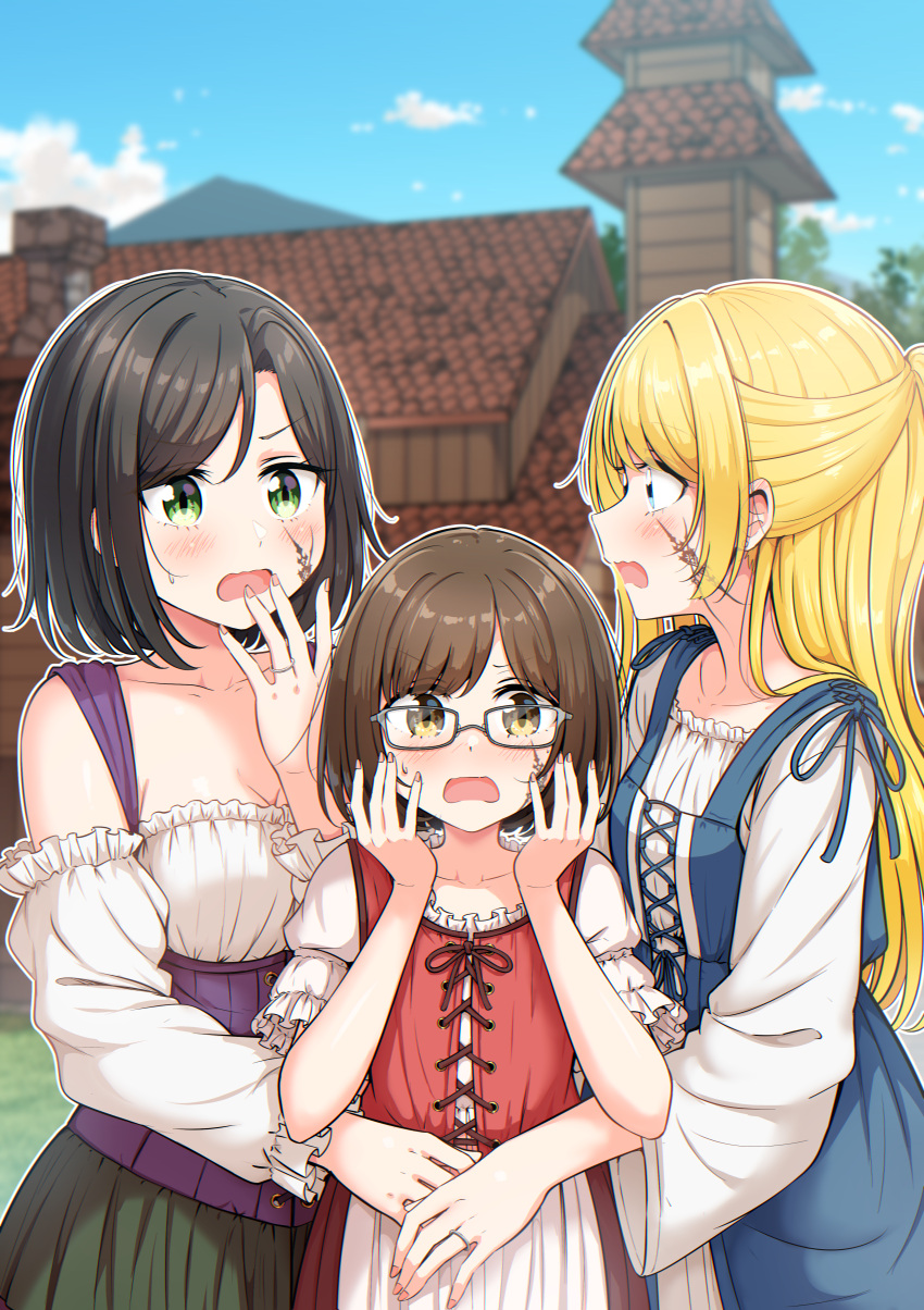 3girls, absurdres, betock, black_hair, blonde_hair, blue_eyes, breasts, brown_eyes