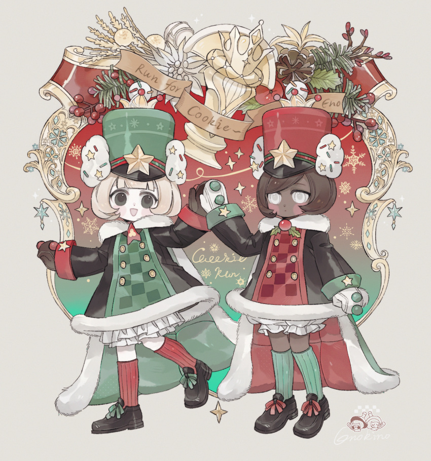 2girls, arm_at_side, black_dress, black_eyes, black_footwear, black_mittens, blueaphasia, blunt_bangs