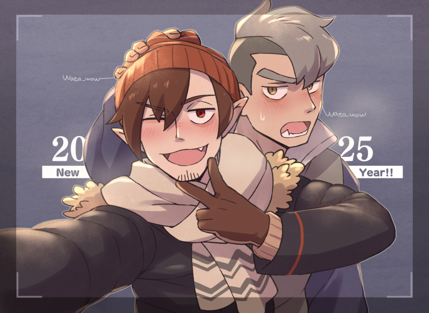 2025, 2boys, all_saints_street, beanie, black_jacket, blush, brown_gloves, brown_hair