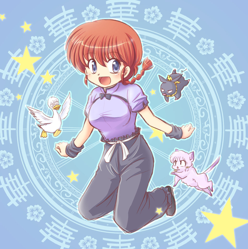 akihara_ryo, bird, blue_eyes, braid, cat, chinese_clothes, duck, genderswap