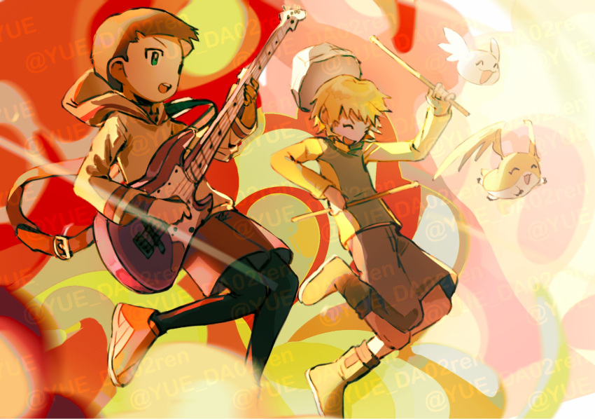 2boys, blonde_hair, brown_hair, brown_shorts, closed_eyes, digimon, digimon_(creature), digimon_adventure_02