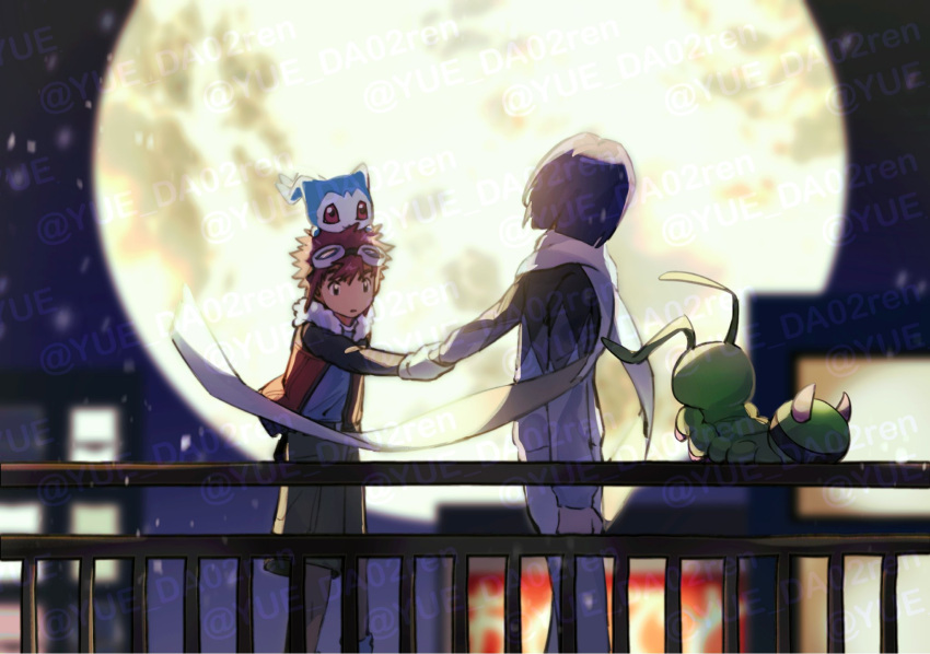 2boys, blue_hair, blurry, blurry_background, brown_hair, brown_jacket, chibimon, digimon