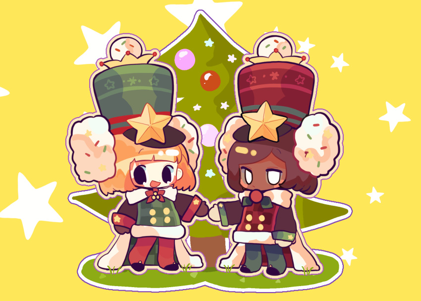 2girls, :d, arm_at_side, black_eyes, black_mittens, black_sleeves, brooch, buttons