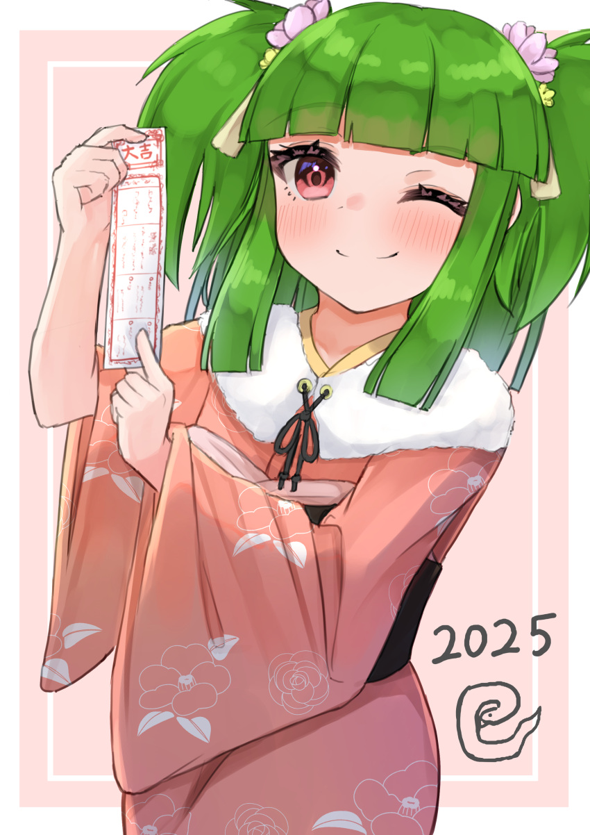 1girl, 2025, ;), absurdres, beatmania_(series), beatmania_iidx, bemani, black_bow, black_sash, blush, bow, cowboy_shot, flat_chest, floral_print, floral_print_kimono, flower, fluff, green_hair, hair_flower, hair_ornament, hair_tie, hama_(daisekken), highres, hishimiya_tsugaru, holding, japanese_clothes, kimono, looking_at_viewer, obiage, one_eye_closed, pink_kimono, red_eyes, sash, simple_background, smile, standing, twintails, two_side_up
