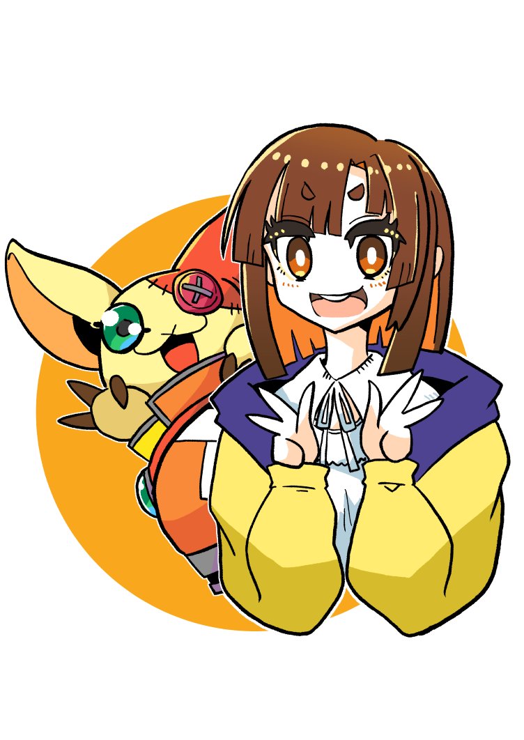 1girl, brown_eyes, brown_hair, digimon, digimon_(creature), digimon_card_game, digimon_liberator, double_v