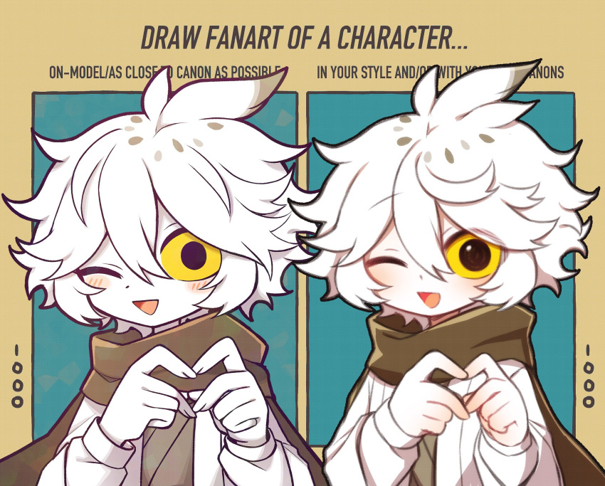 1000senka, 1boy, black_eyes, blush, brown_scarf, colored_sclera, colored_skin, english_commentary, english_text, funamusea, funamusea_(style), heart, heart_hands, highres, ice_scream, japanese_clothes, kimono, looking_at_viewer, male_focus, multiple_drawing_challenge, on-model_vs_in_your_style_challenge, one_eye_closed, open_clothes, open_kimono, open_mouth, outline, owl_boy, purple_outline, scarf, short_hair, solo, upper_body, violet_eyes, watermark, white_hair, white_kimono, white_skin, yellow_sclera, yukisada