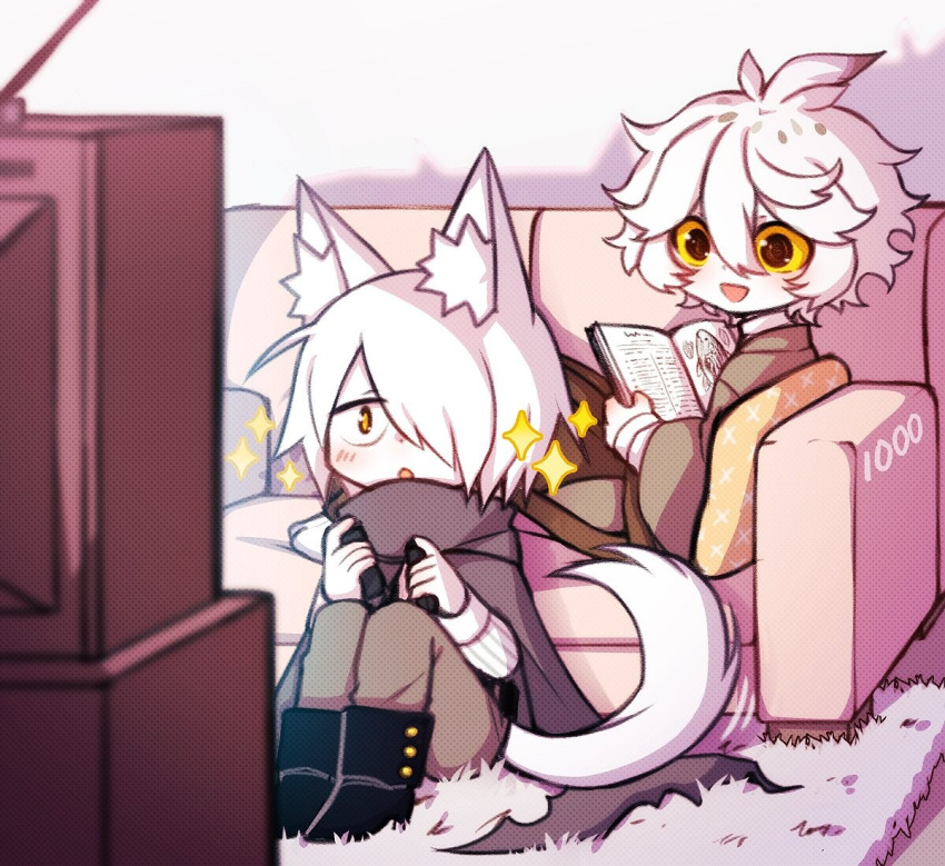 1000senka, 2boys, animal_ears, black_eyes, black_footwear, blush, book, boots, brown_kimono, brown_pants, buttons, cape, colored_sclera, colored_skin, controller, couch, crt, dot_nose, funamusea, game_controller, grey_cape, hair_over_one_eye, halftone, holding, holding_book, holding_controller, holding_game_controller, ice_scream, japanese_clothes, kimono, male_focus, multiple_boys, on_floor, open_mouth, owl_boy, pants, pillow, shirogane_(funamusea), short_hair, sitting, smile, sparkle, sweater, tail, television, watermark, white_skin, white_sweater, wolf_boy, wolf_ears, wolf_tail, yellow_sclera, yukisada