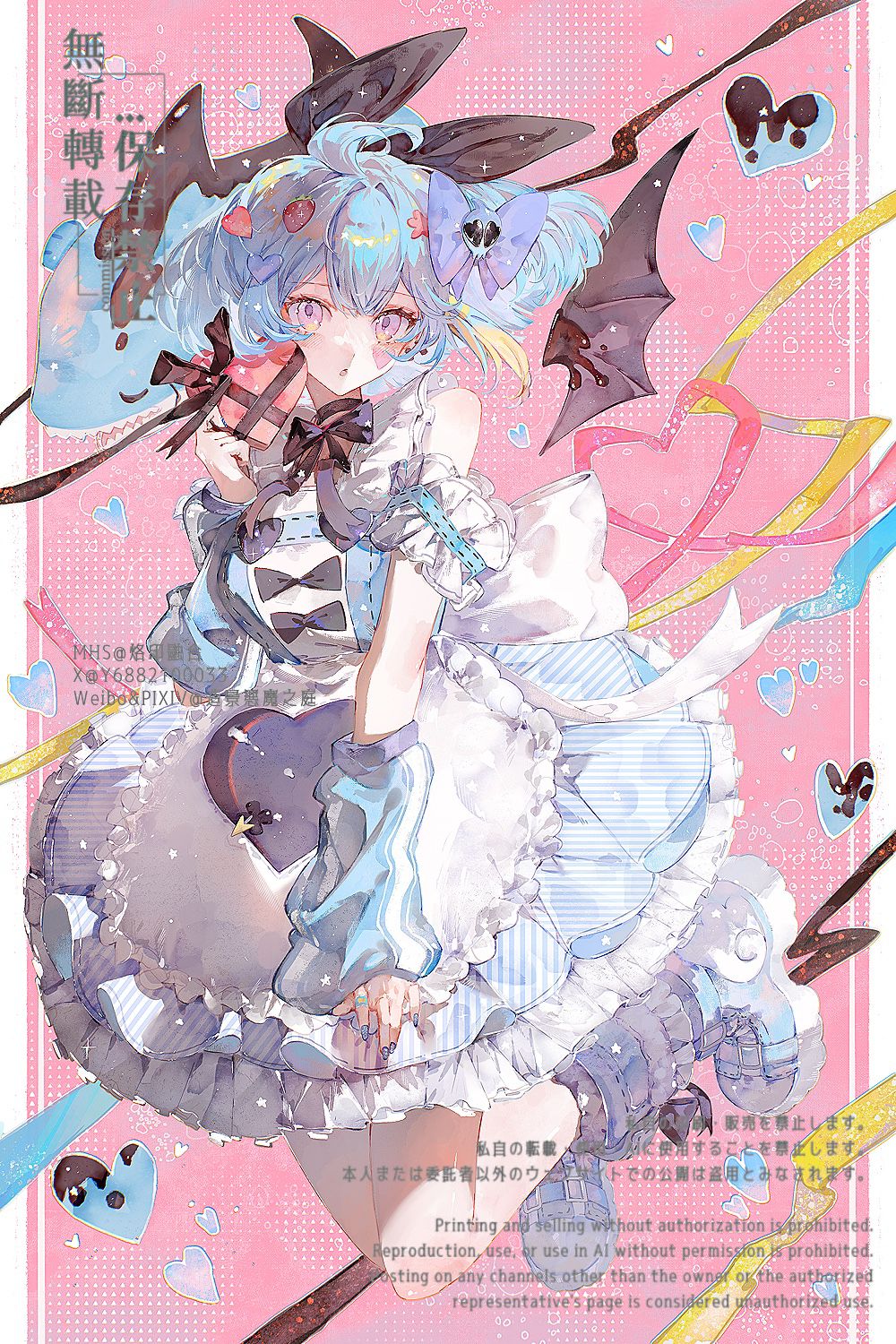 1girl, bare_shoulders, black_ribbon, black_wings, blue_dress, blue_footwear, blue_hair, boots, breasts, demon_girl, demon_wings, dress, duel_monster, full_body, hair_ribbon, heart, highres, large_breasts, lil-la_(yu-gi-oh!), live_twin_lil-la_sweet, pink_background, ribbon, solo, violet_eyes, wings, y6882100033, yu-gi-oh!