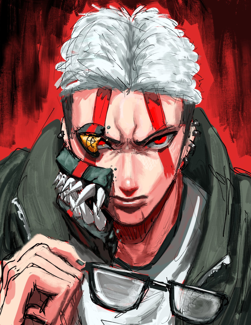 1boy, dandadan, earrings, glasses, highres, jacket, jewelry, looking_at_viewer