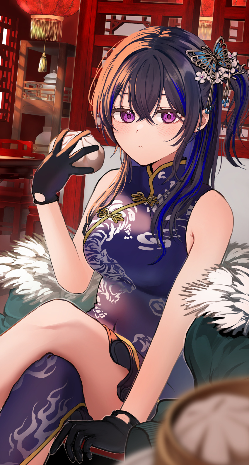 1girl, absurdres, animal_print, arisyooon, baozi, black_gloves, black_hair, china_dress