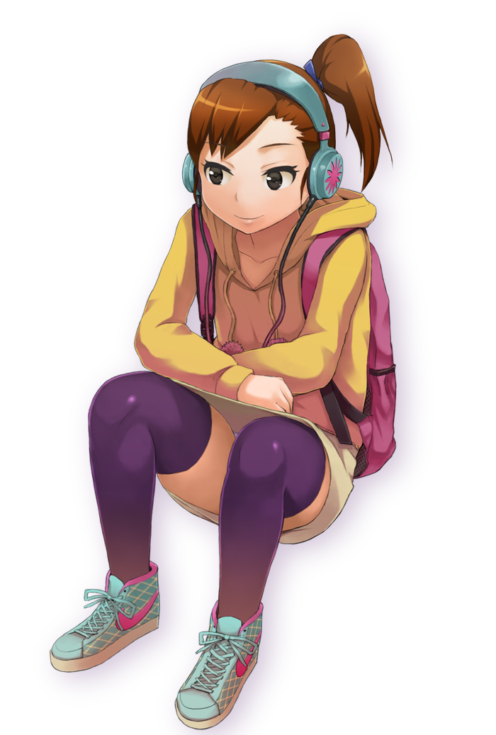 bag, brown_eyes, brown_hair, futami_mami, headphones, hoodie, idolmaster, idolmaster_2