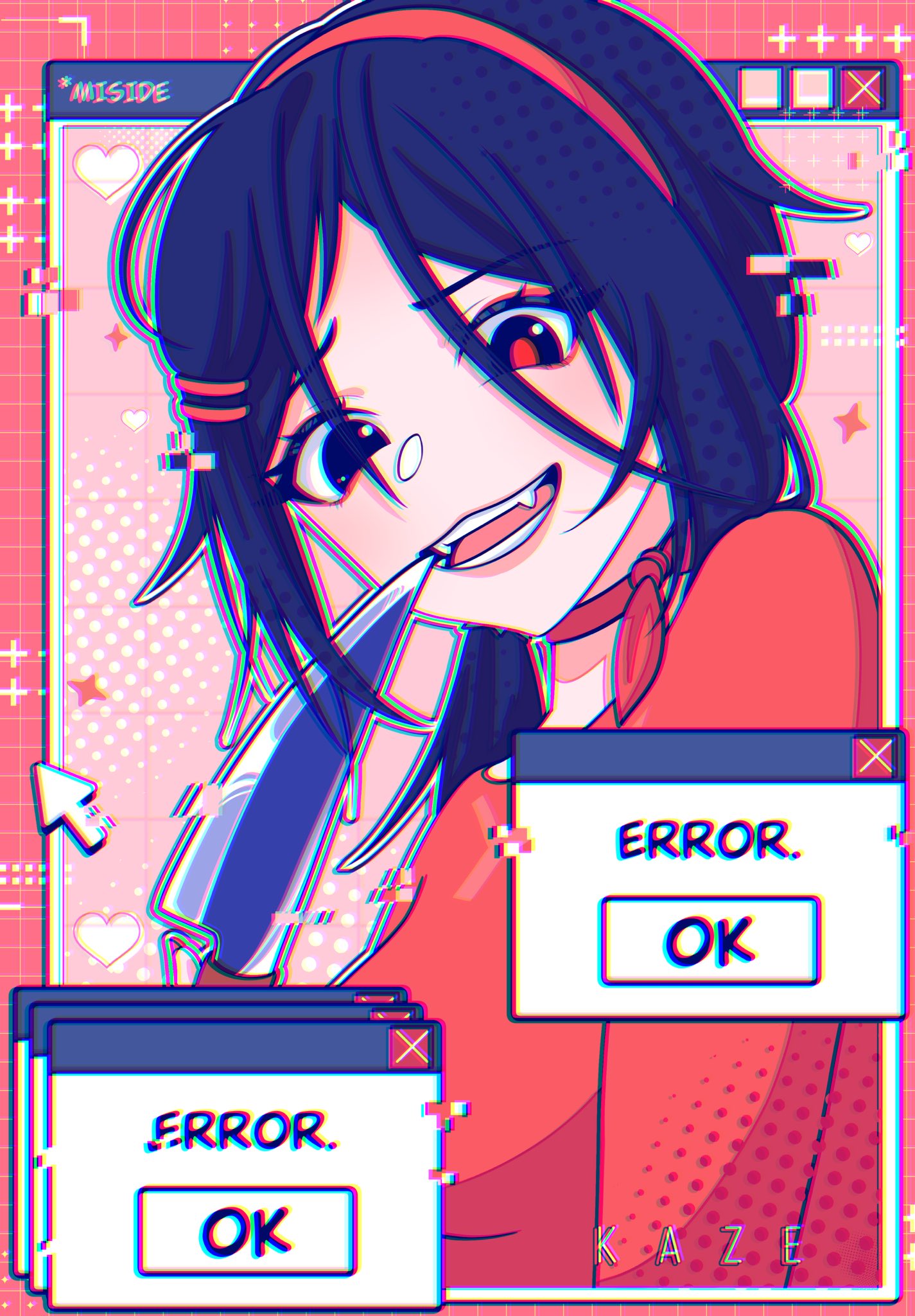 1girl, artist_name, attakaikazeart, black_eyes, blue_hair, choker, commentary, crazy_mita_(miside)