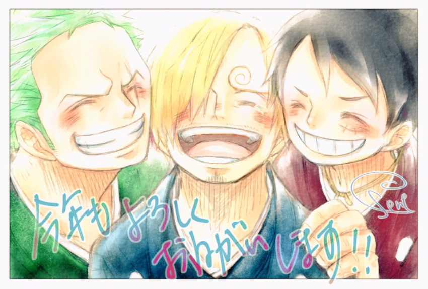 3boys, black_hair, blonde_hair, blush, close-up, commentary_request, curly_eyebrows, green_hair