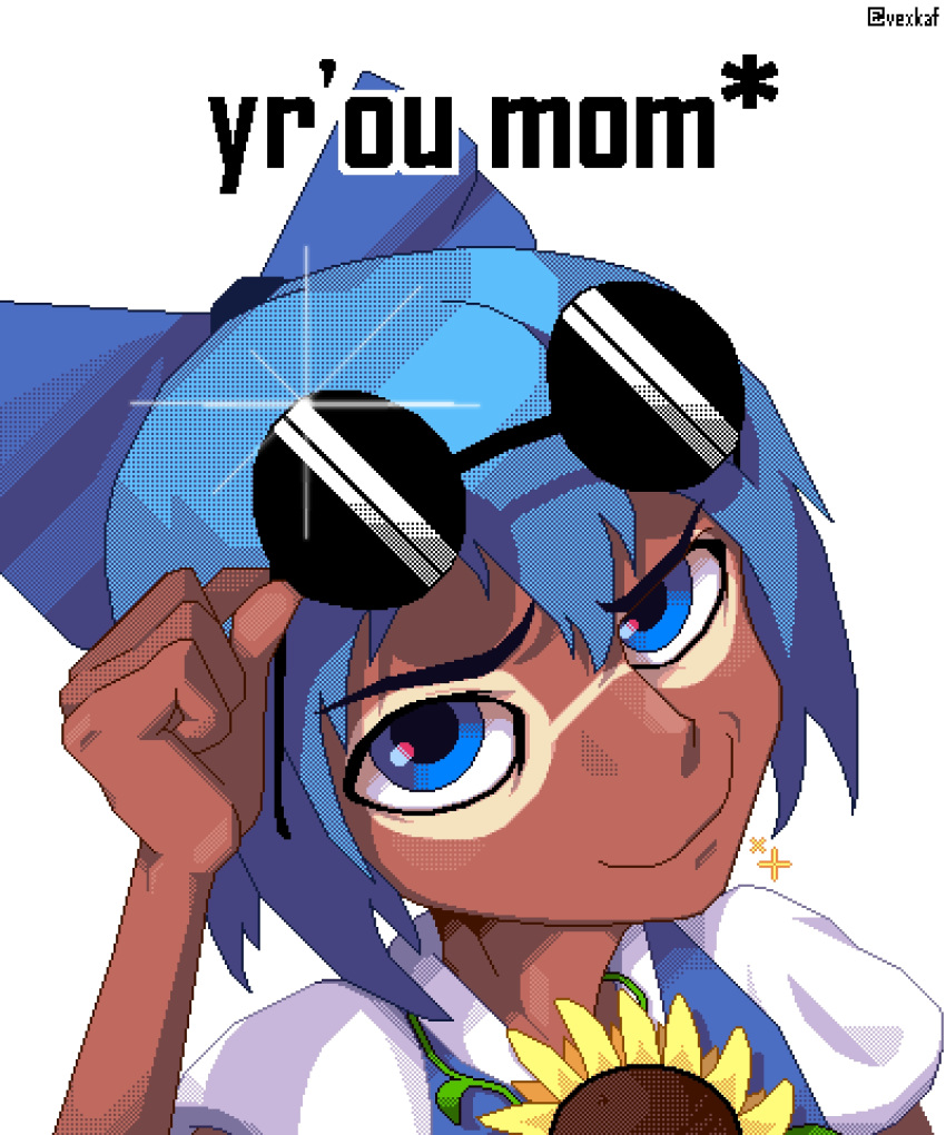 1girl, absurdres, blue_bow, blue_eyes, bow, cirno, closed_mouth, flower, hair_bow, highres, looking_at_viewer, pixel_art, round_eyewear, short_hair, simple_background, smirk, solo, sunflower, sunglasses, tan, tanlines, tanned_cirno, touhou, vexkaf, white_background