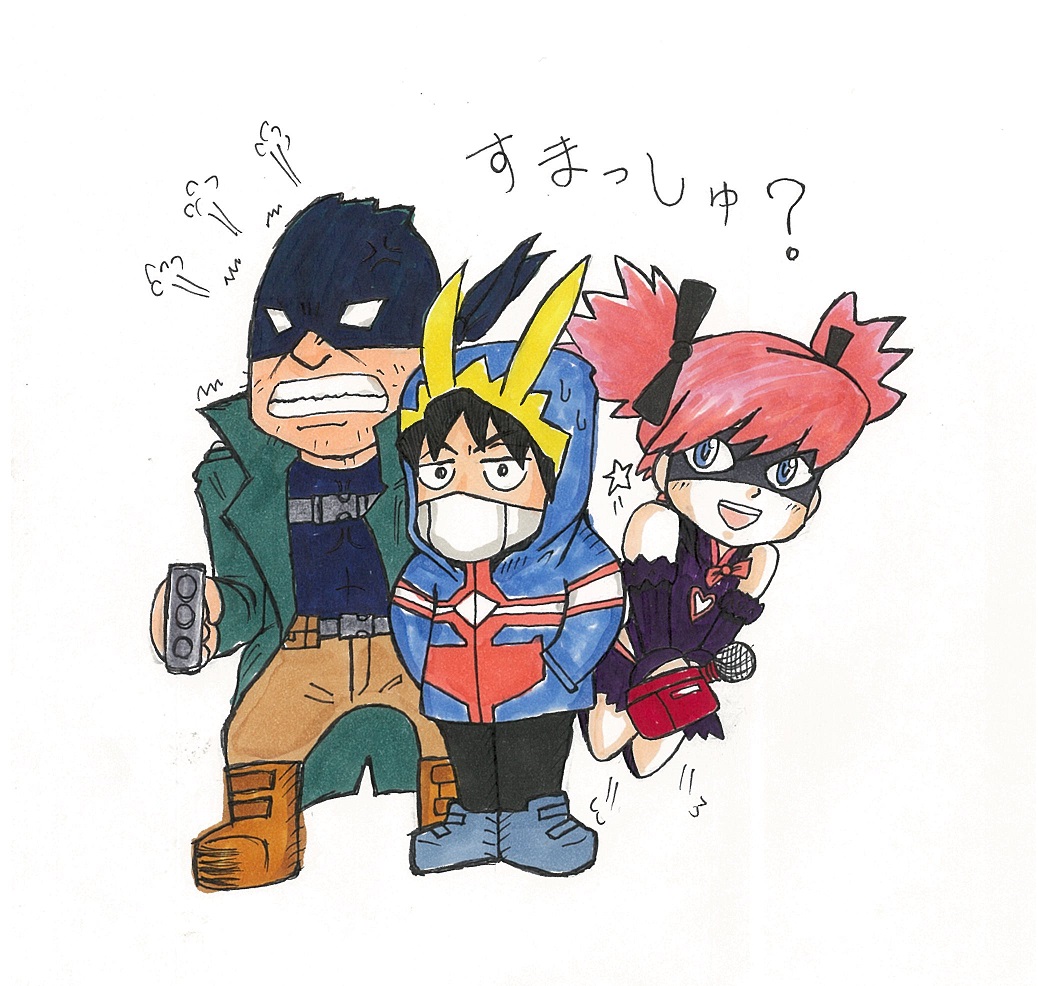 1girl, 2boys, anger_vein, beard_stubble, blue_eyes, blue_footwear, boku_no_hero_academia, bow, brass_knuckles, brown_footwear, brown_pants, chibi, clenched_teeth, coat, eye_mask, facial_hair, green_coat, haimawari_kouichi, hair_bow, hands_in_pockets, haneyama_kazuho, hood, hoodie, jumping, knuckleduster_(boku_no_hero_academia), mask, microphone, mouth_mask, multiple_boys, pants, pink_hair, stubble, teeth, twintails, vigilante_-boku_no_hero_academia:_illegals-, weapon, zipangu_hero