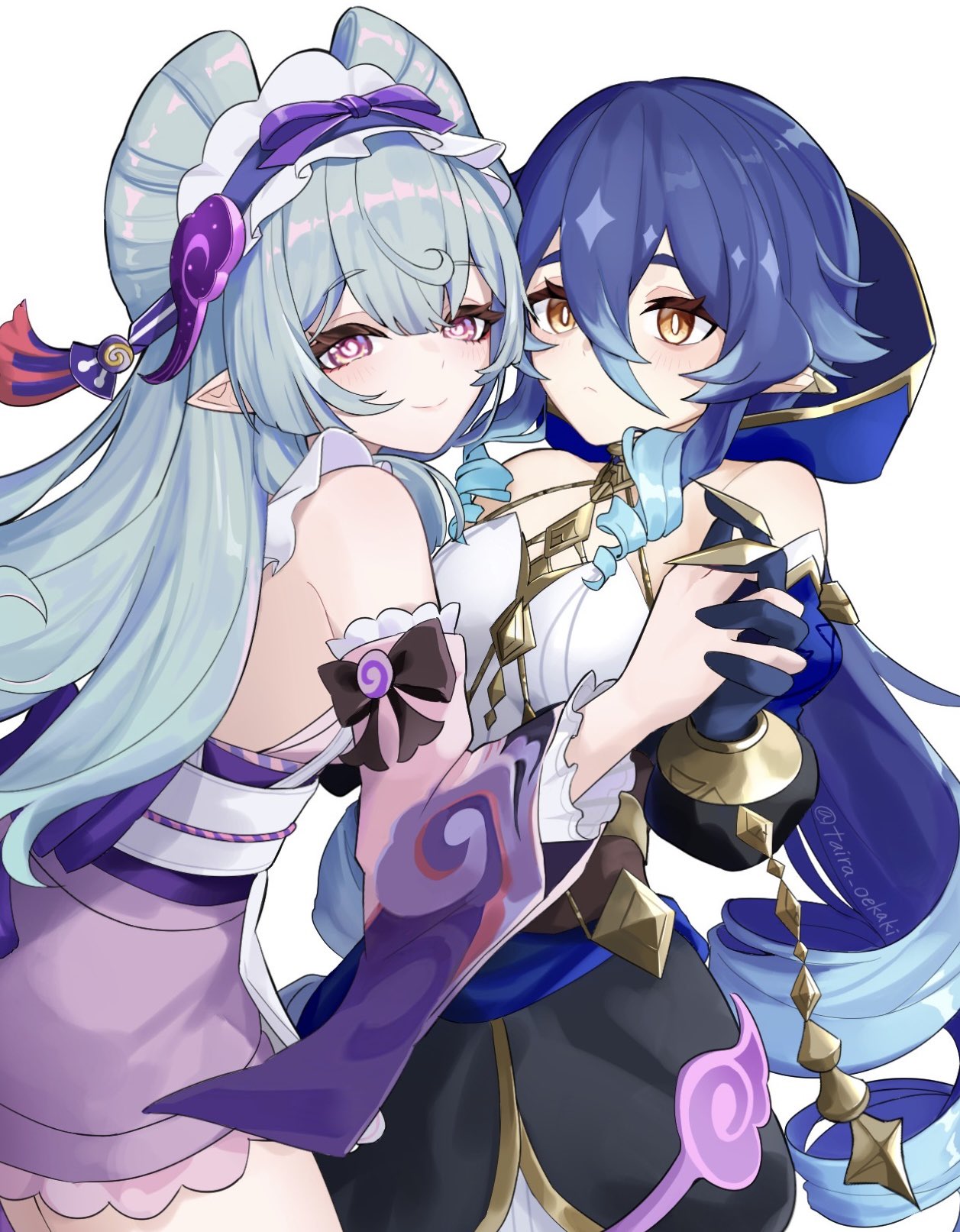 2girls, black_bow, black_gloves, blue_hair, blue_hood, bow, bright_pupils, commentary, detached_sleeves, drill_hair, drill_sidelocks, genshin_impact, gloves, hair_between_eyes, highres, holding_hands, interlocked_fingers, layla_(genshin_impact), long_hair, looking_at_viewer, multiple_girls, nihongami, pointy_ears, sidelocks, simple_background, sleeve_bow, taira_(taira_oekaki), very_long_hair, violet_eyes, white_background, white_pupils, wide_sleeves, yellow_eyes, yumemizuki_mizuki