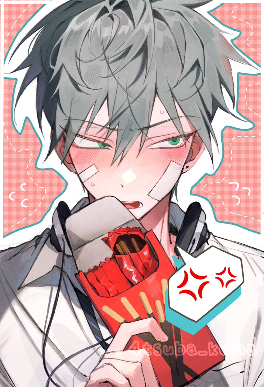 1boy, 4tsuba_kuma, alien_stage, anger_vein, artist_name, blush, collared_shirt, flying_sweatdrops, food, gauze, gauze_on_cheek, gingham_background, grey_hair, hair_between_eyes, headphones, headphones_around_neck, highres, holding, holding_food, holding_pocky, looking_to_the_side, male_focus, open_mouth, pocky, portrait, red_background, shirt, short_hair, solo, spoken_anger_vein, till_(alien_stage), very_short_hair, white_shirt