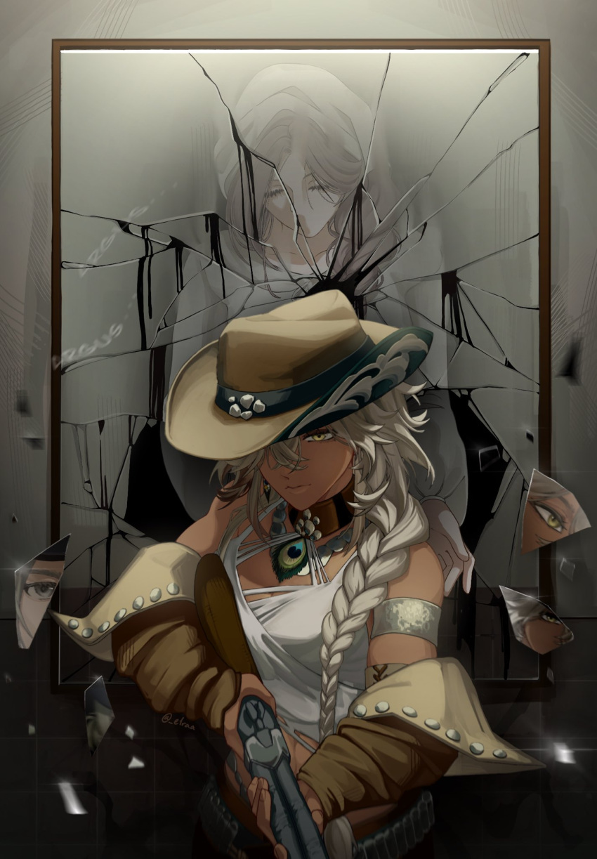 2girls, argus_(reverse:1999), armlet, bare_shoulders, behind_another, black_liquid, blonde_hair, broken_glass, broken_mirror, brown_hat, brown_sleeves, closed_eyes, cowboy_hat, detached_sleeves, different_reflection, dress, eira_(e1raa), glass, glass_shards, grey_hair, gun, hair_over_one_eye, hair_over_shoulder, hat, headscarf, highres, holding, holding_gun, holding_weapon, jewelry, kayla_(reverse:1999), long_braid, long_hair, looking_at_viewer, midriff, mirror, multiple_girls, one_eye_covered, reflection, reverse:1999, rifle, tank_top, upper_body, weapon, white_dress, white_tank_top, yellow_eyes