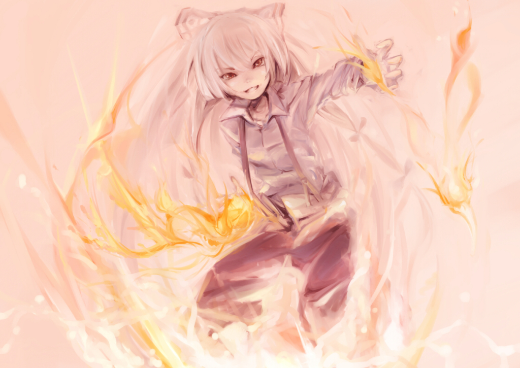 fire, fujiwara_no_mokou, kogaman, namago, simple_background, solo, touhou