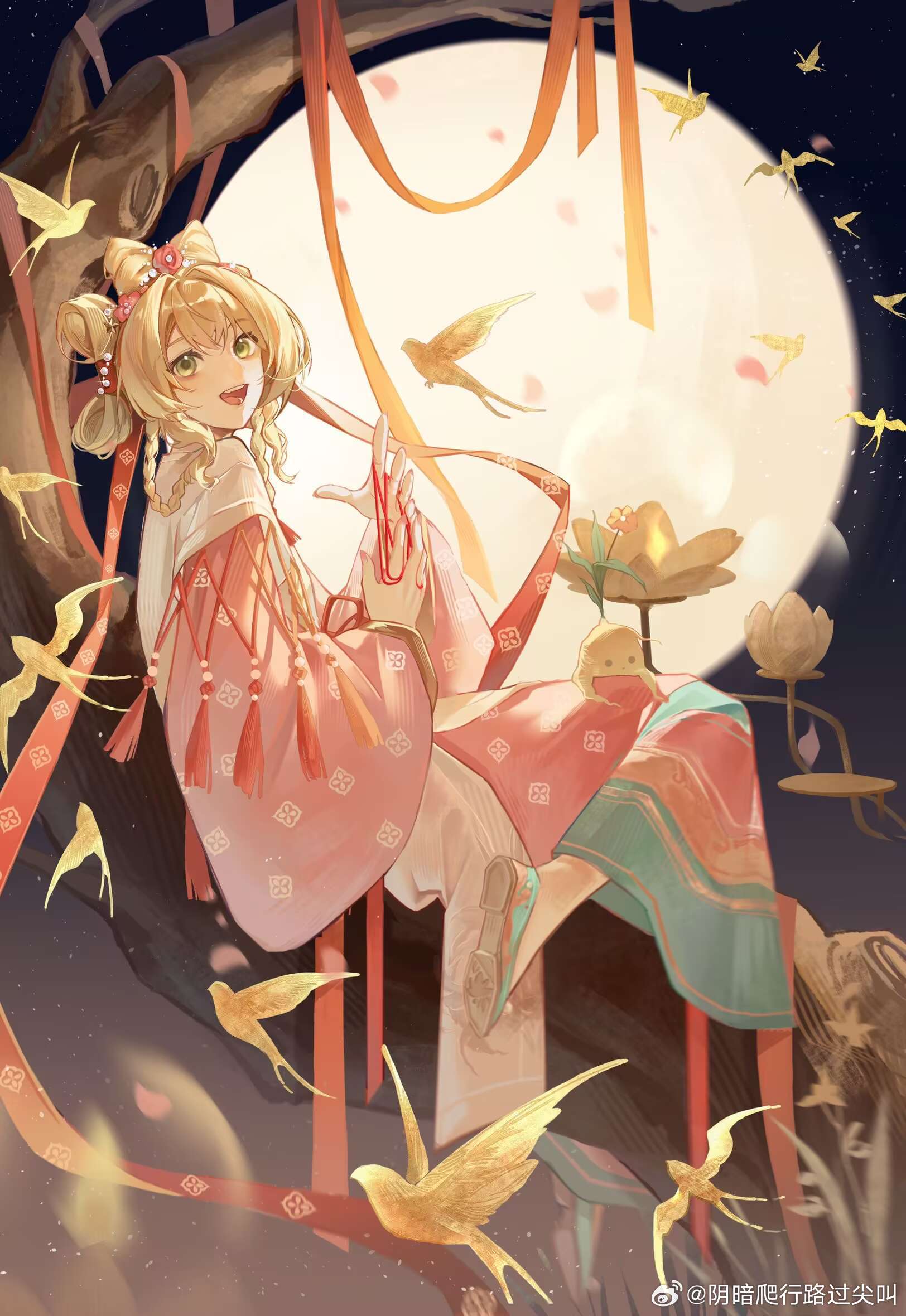 1girl, :d, bird, blonde_hair, braid, cat's_cradle, chinese_clothes, flats