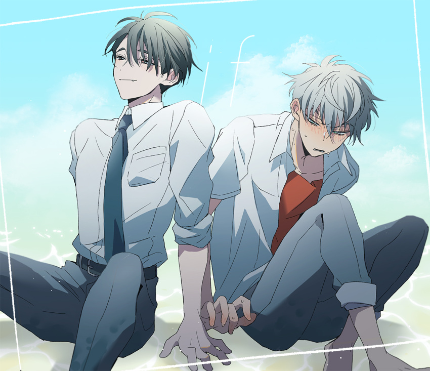 2boys, alien_stage, barefoot, belt, black_belt, black_eyes, black_hair, black_necktie, black_pants, blue_sky, blush, collared_shirt, commentary_request, crossed_ankles, fang, green_eyes, grey_hair, hand_blush, ivan_(alien_stage), knees_up, layered_shirt, male_focus, multiple_boys, necktie, open_clothes, open_mouth, open_shirt, pants, red_pupils, red_shirt, sazare_(sazozo0), shirt, short_hair, short_sleeves, sitting, sky, sleeves_rolled_up, smile, sweat, till_(alien_stage), very_short_hair, white_shirt