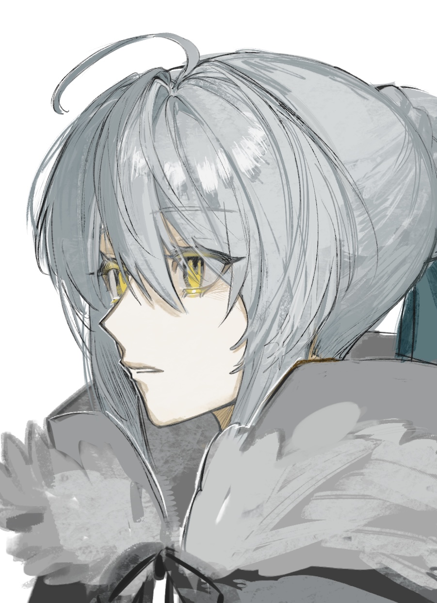 1girl, ahoge, aqua_ribbon, braid, expressionless, fate_(series), fur_trim, gray_(fate)