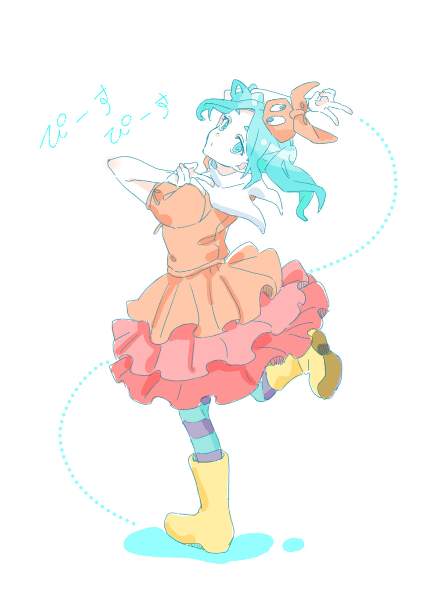 1girl, absurdres, aqua_hair, boots, closed_mouth, double_v, dress, full_body