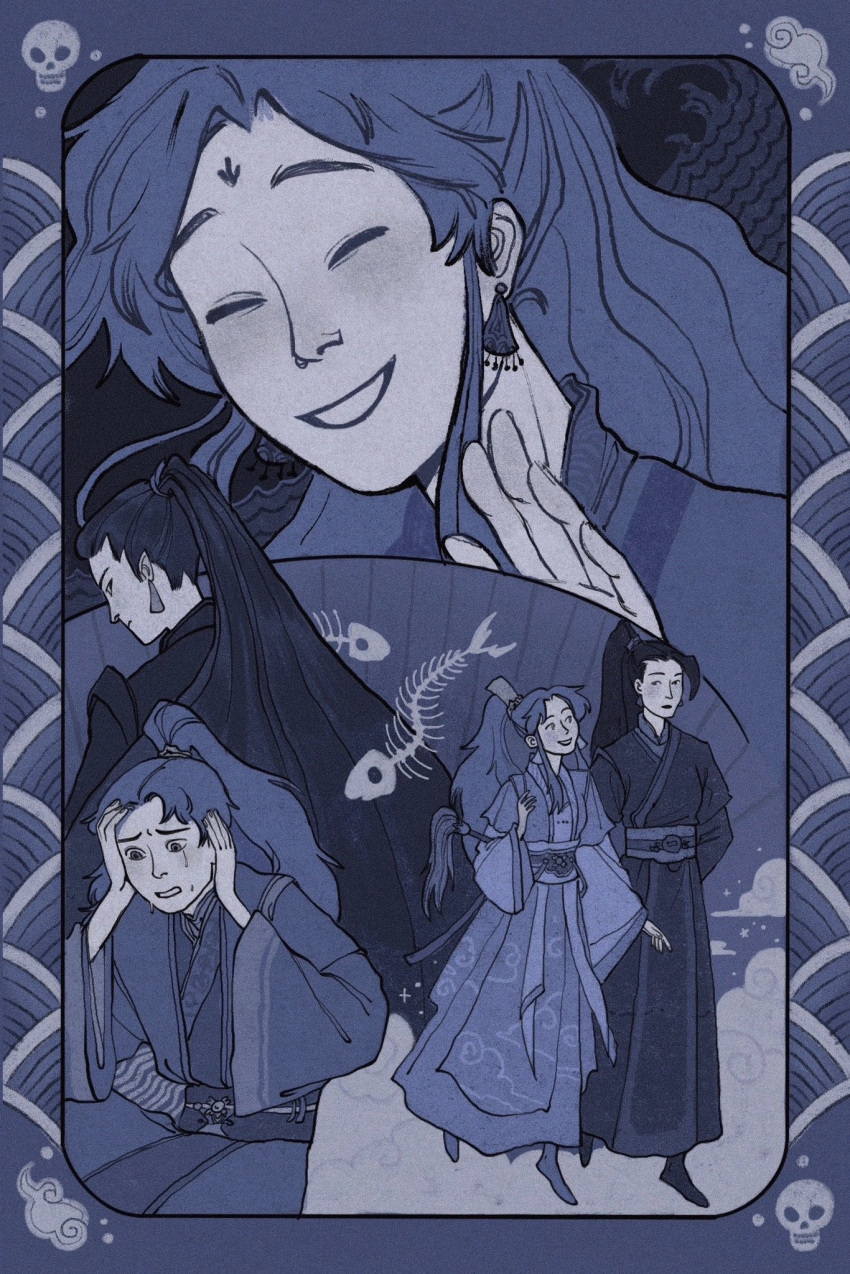 2boys, above_clouds, animal_skeleton, arms_behind_back, black_hair, black_hanfu, blue_border, blue_hair