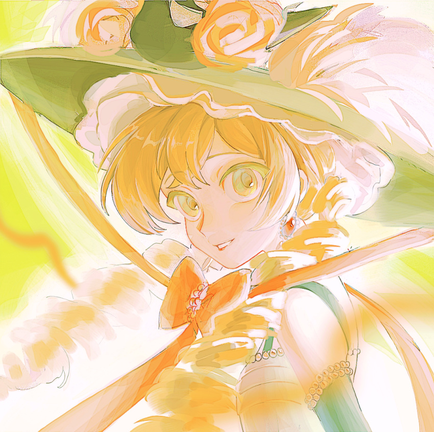 1girl, bare_shoulders, blonde_hair, bow, chin_strap, dress, drill_hair, earrings, flower, from_side, gloves, green_background, green_dress, green_eyes, green_gloves, green_hat, grin, hat, hat_feather, hat_flower, jewelry, long_hair, looking_at_viewer, luanbu, orange_bow, pastel_colors, picture_hat, portrait, red_flower, reverse:1999, sleeveless, sleeveless_dress, smile, solo, sotheby, twin_drills