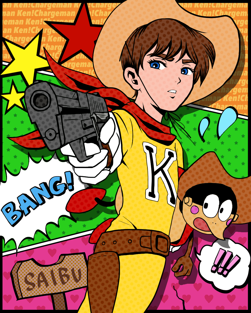 1boy, bariquand_(chargeman_ken!), belt, blue_eyes, bodysuit, brown_belt, brown_hair, chargeman_ken!