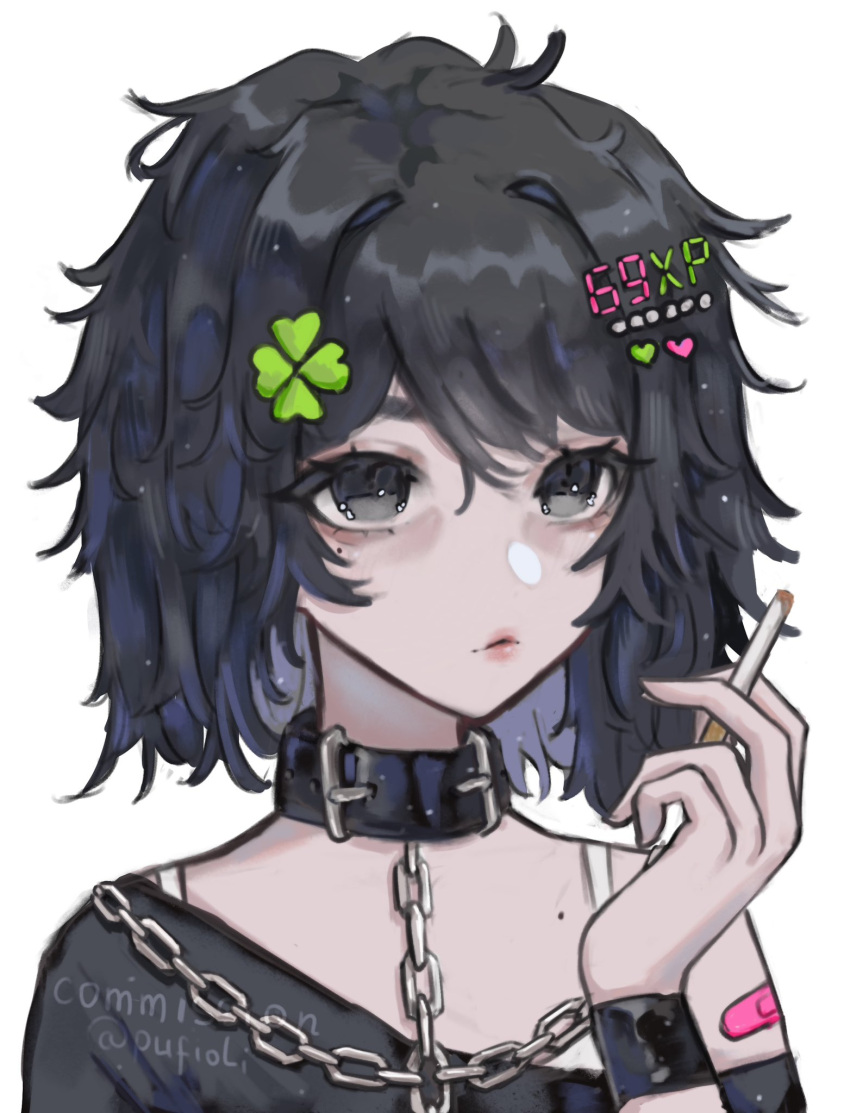 1girl, bandages, black_eyes, black_hair, chain, cigarette, clover, four-leaf_clover