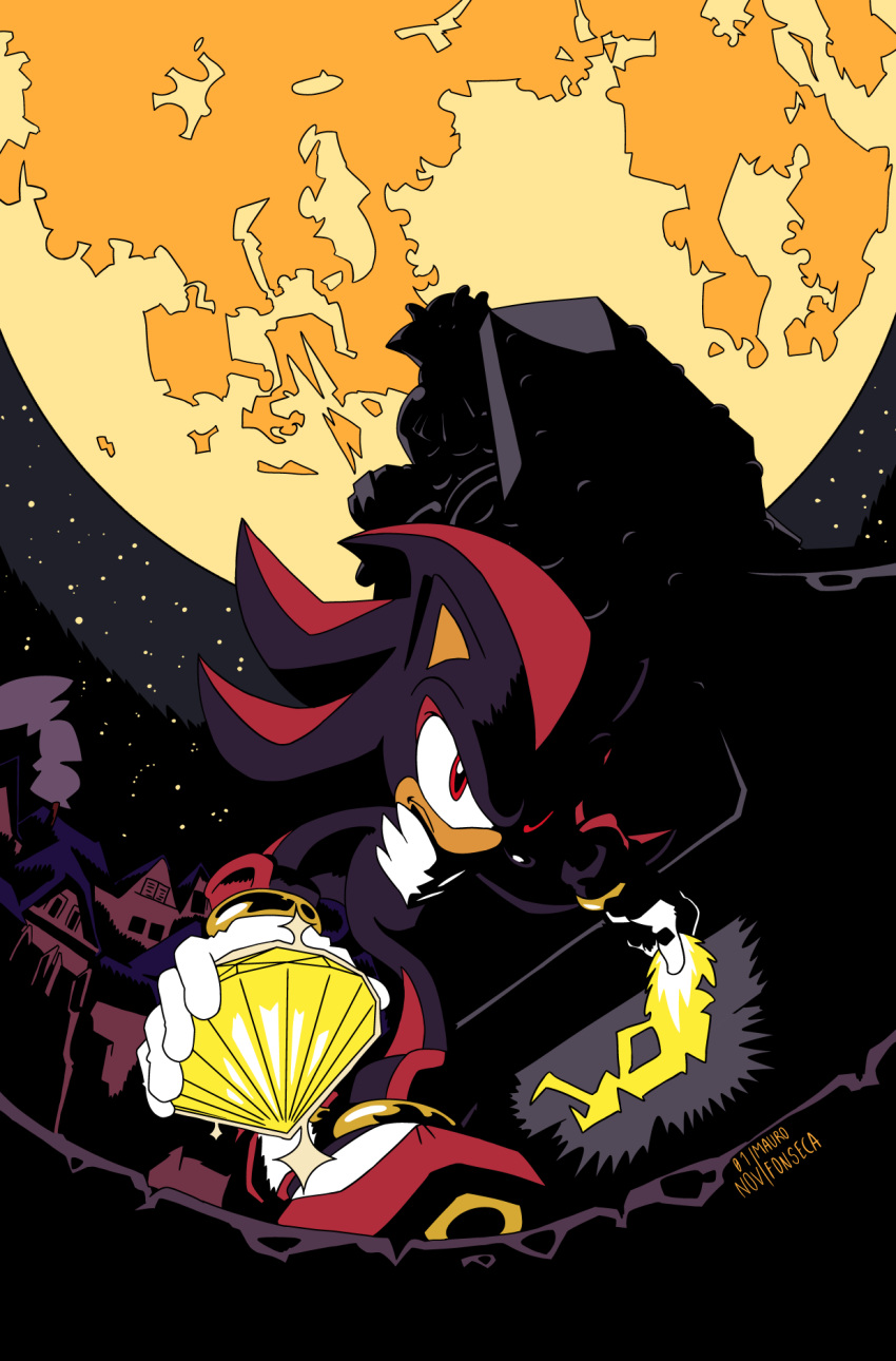 1boy, artist_name, chaos_emerald, furry, furry_male, gloves, highres, male_focus, moon, night, night_sky, official_art, partially_shaded_face, red_eyes, shadow_the_hedgehog, sky, solo, sonic_(series), sonic_the_hedgehog_(idw), star_(sky), thekkm, white_gloves
