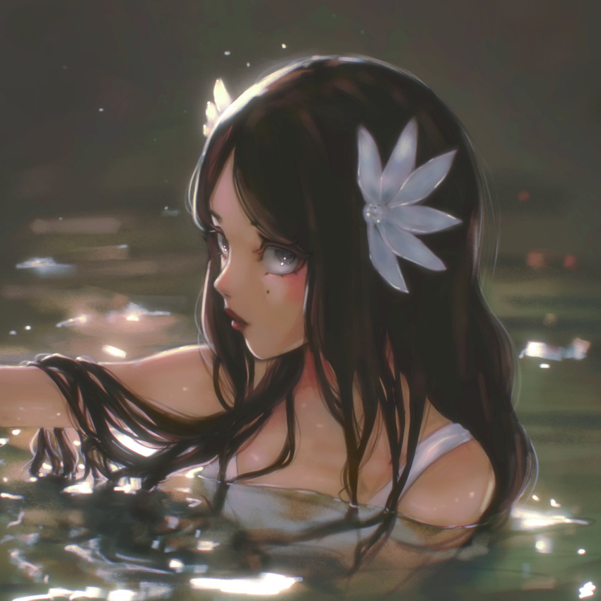 1girl, brown_hair, hair_ornament, highres, in_water, long_hair, looking_at_viewer, original